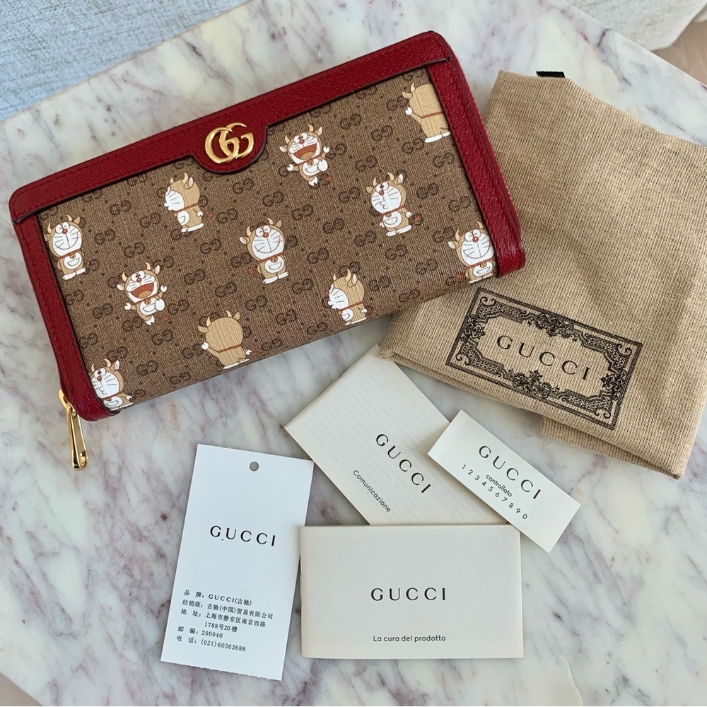 [🌟PRICE FIRM] Gucci x Doraemon Logo Monogram Mini GG Supreme Long Zip Wallet